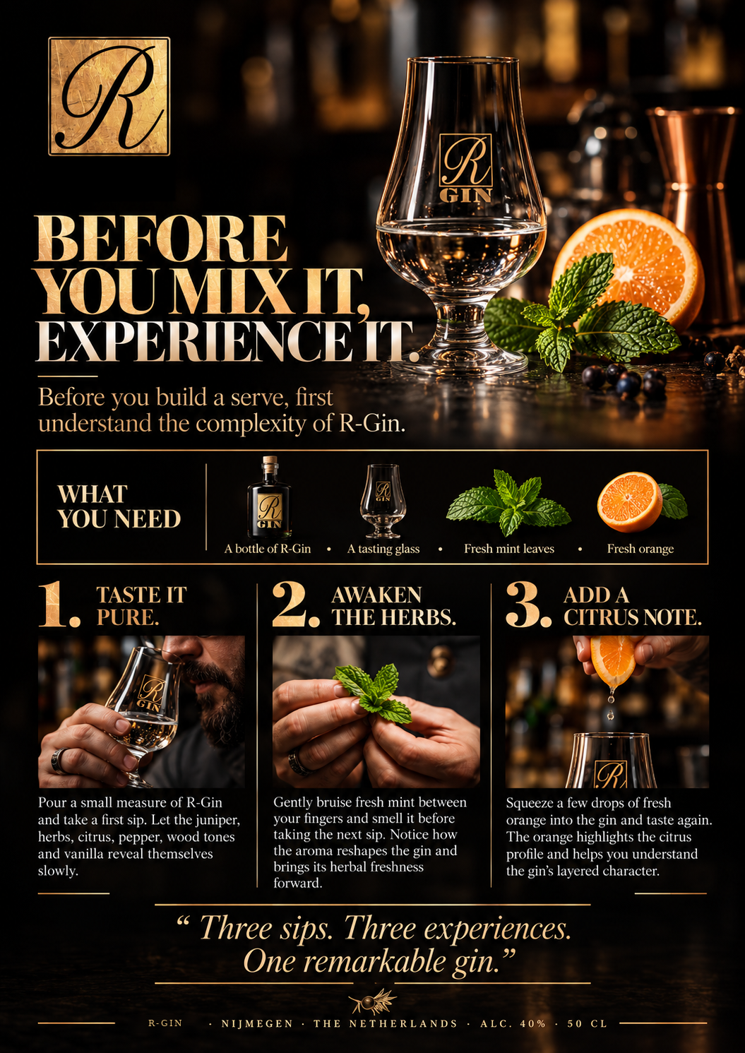 Three-step R-Gin tasting ritual with mint and orange